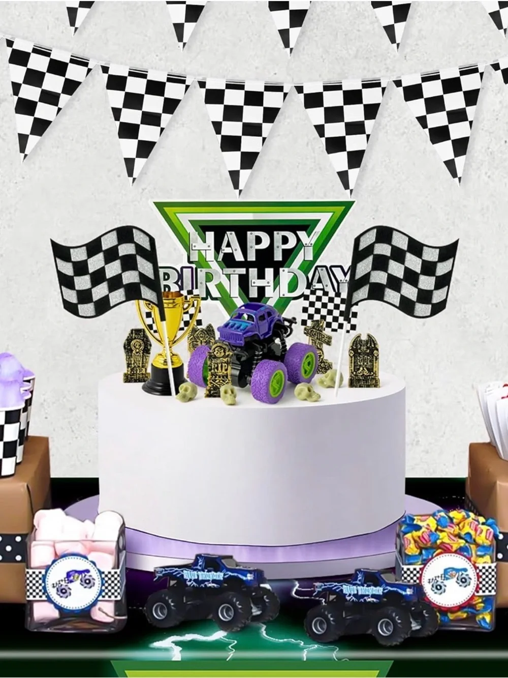 40~Green & Purple Monster Truck Cake Decoration Racing Car Dessert Cupcake Top